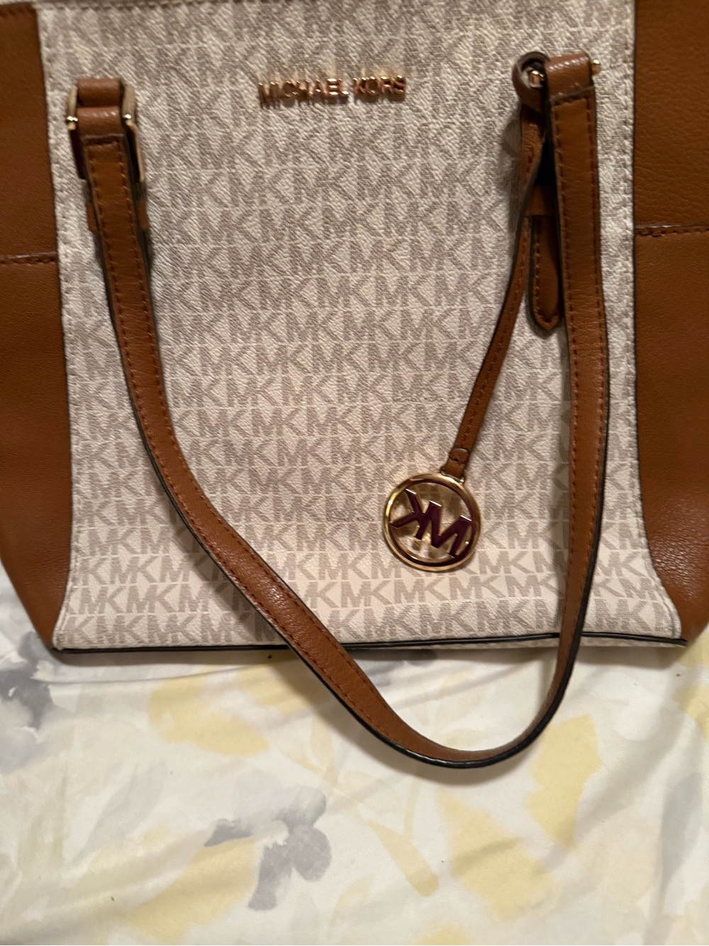 Michael Kors Cream & Brown MK Logo Tote with Gold Hardware